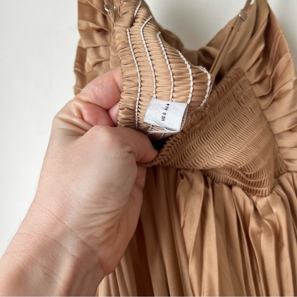 COPY - Petal & Pup Vikki Gold Satin Pleated Asymmetrical Hem Midi Dress 0 - Picture 9 of 11